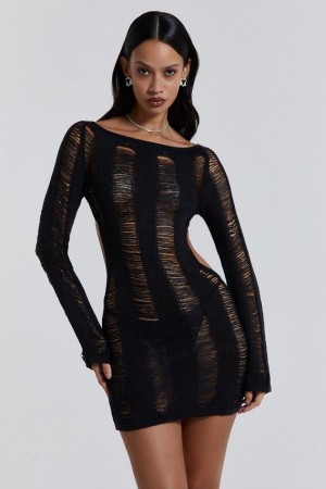 Jadedlondon Black Umbra Shredded Mini Dress | JADLDN23871