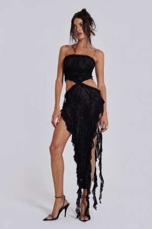 Jadedlondon Gaia Scrunch Lace Midi Dress In Black | JADLDN23812