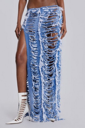 Jadedlondon Shredded Denim Maxi Skirt | JADLDN24208