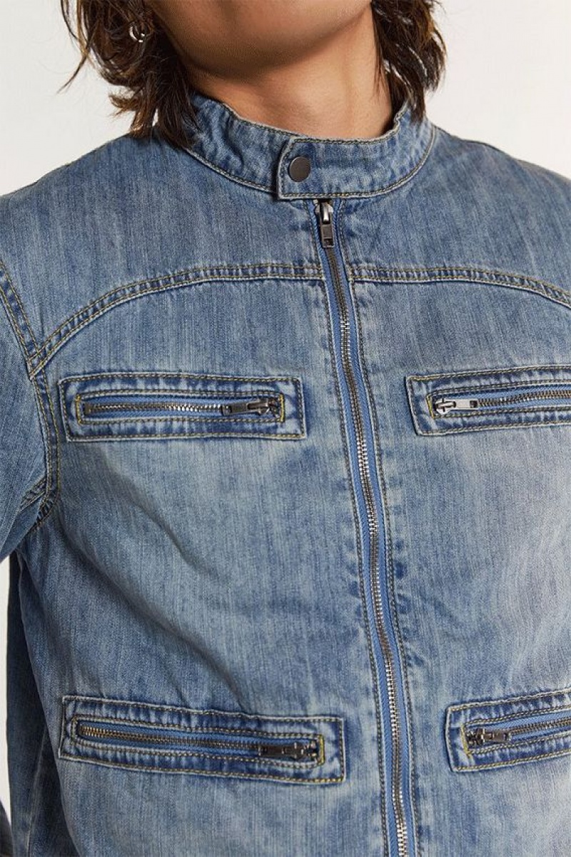 Jadedlondon Chambray Denim Moto Jacket | JADLDN24602