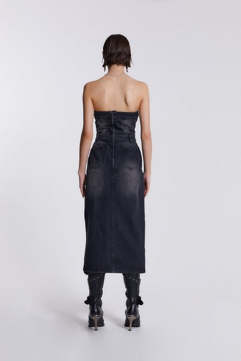 Jadedlondon Liberty 2 In 1 Detachable Denim Black Midi Dress | JADLDN23810