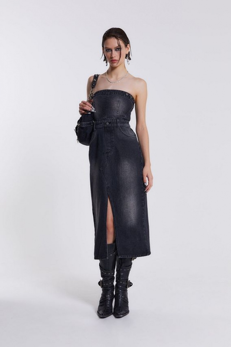 Jadedlondon Liberty 2 In 1 Detachable Denim Black Midi Dress | JADLDN23810