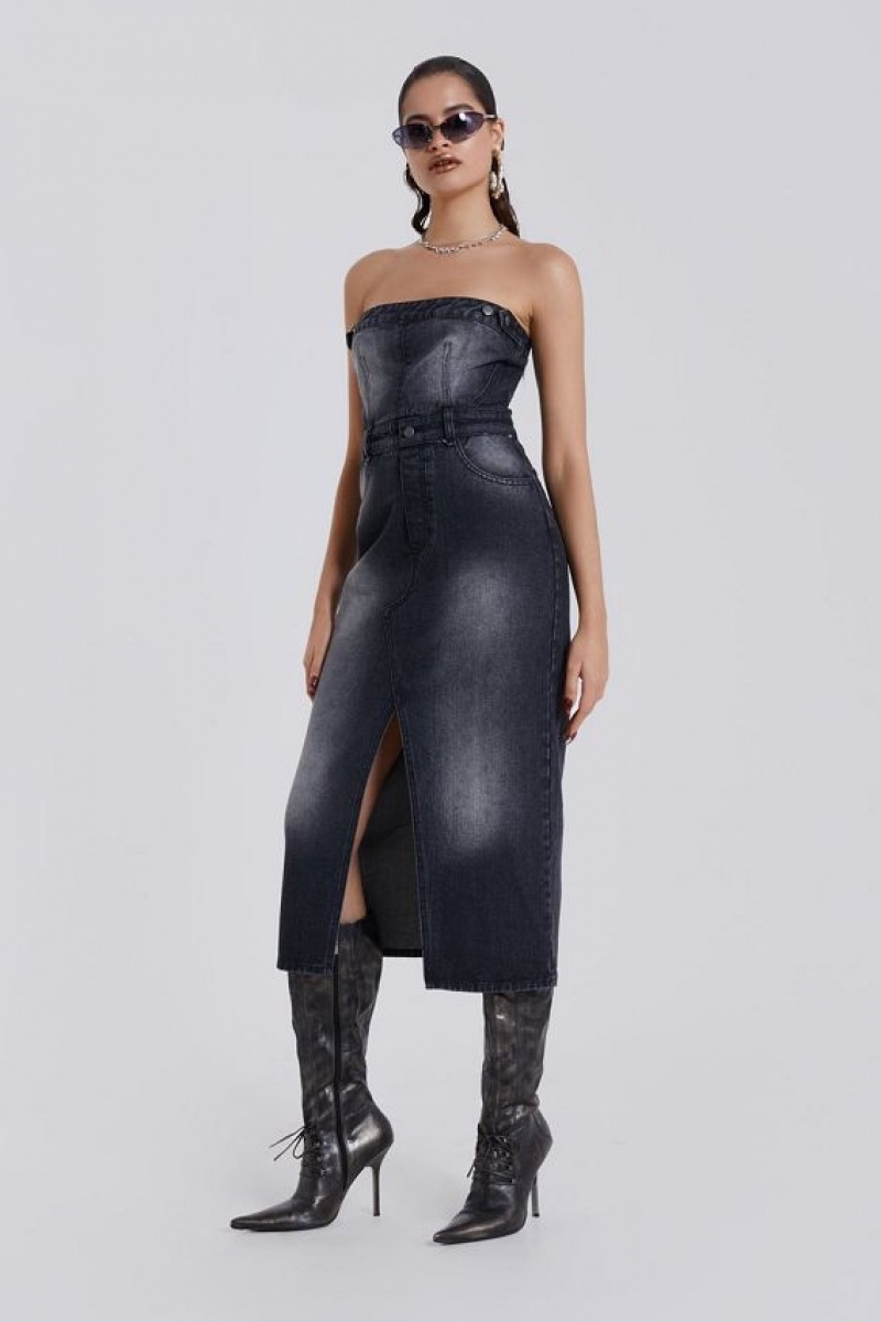 Jadedlondon Liberty 2 In 1 Detachable Denim Black Midi Dress | JADLDN23810