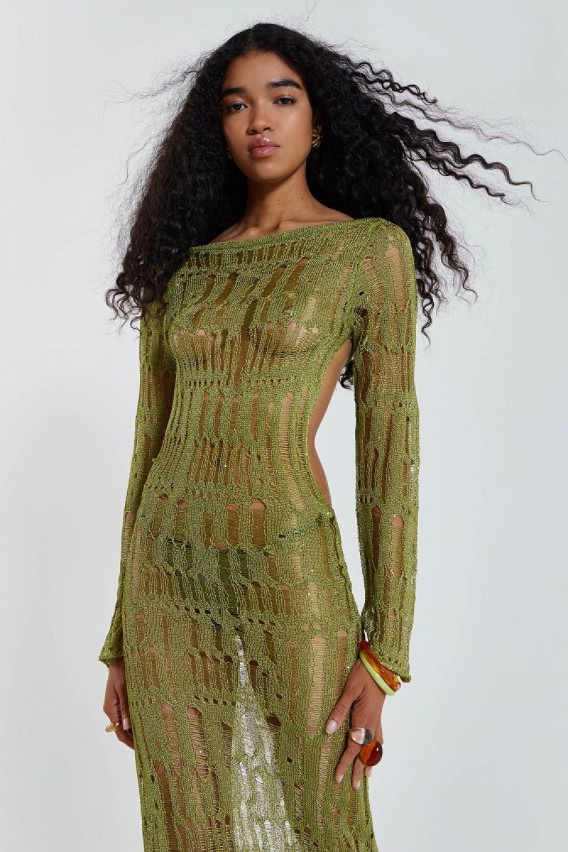 Jadedlondon Moss Green Metallic Umbra Maxi Dress | JADLDN24374