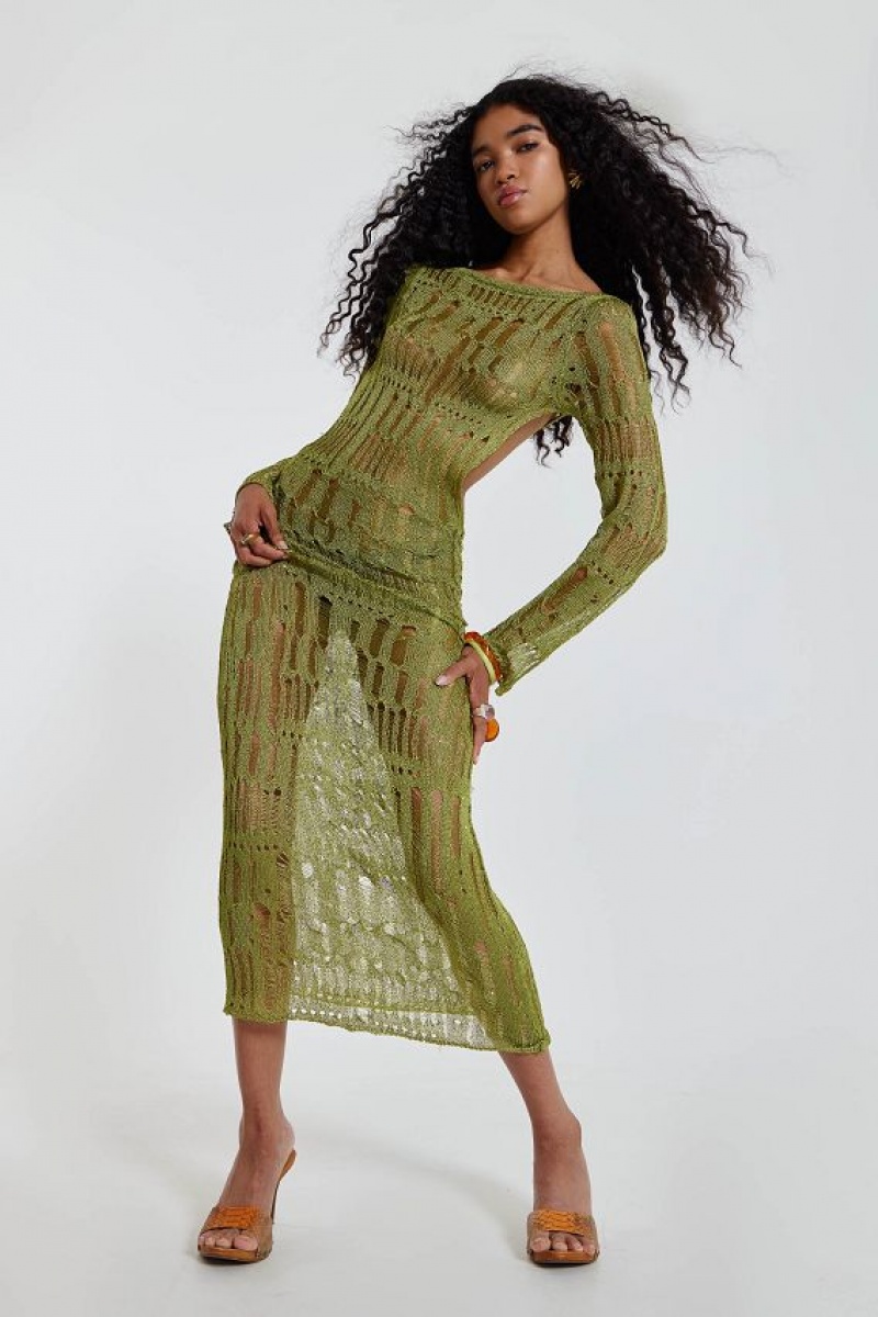 Jadedlondon Moss Green Metallic Umbra Maxi Dress | JADLDN24374