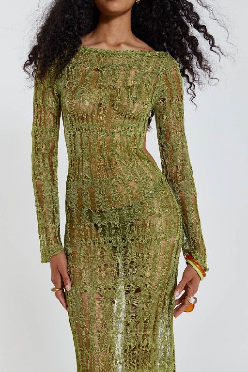 Jadedlondon Moss Green Metallic Umbra Maxi Dress | JADLDN23827