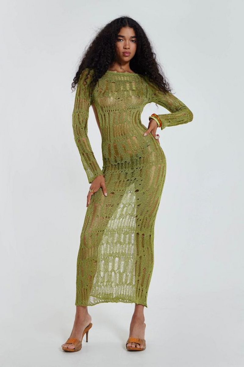 Jadedlondon Moss Green Metallic Umbra Maxi Dress | JADLDN23827