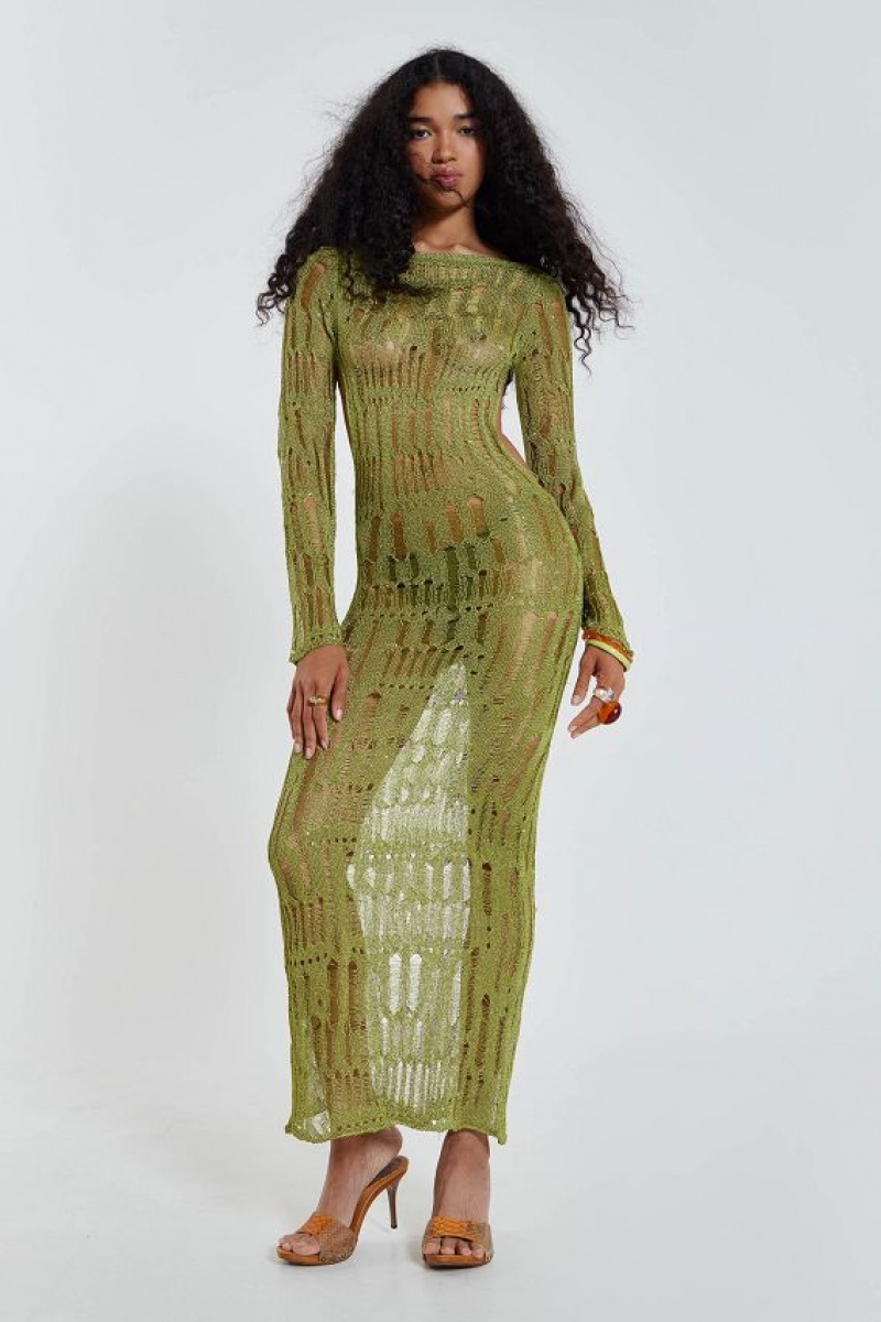 Jadedlondon Moss Green Metallic Umbra Maxi Dress | JADLDN23827