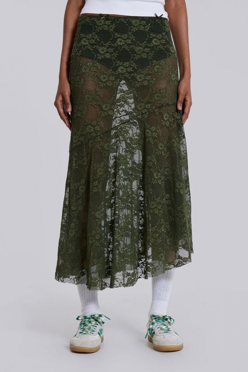 Jadedlondon Rhea Khaki Lace Midi Skirt | JADLDN24218