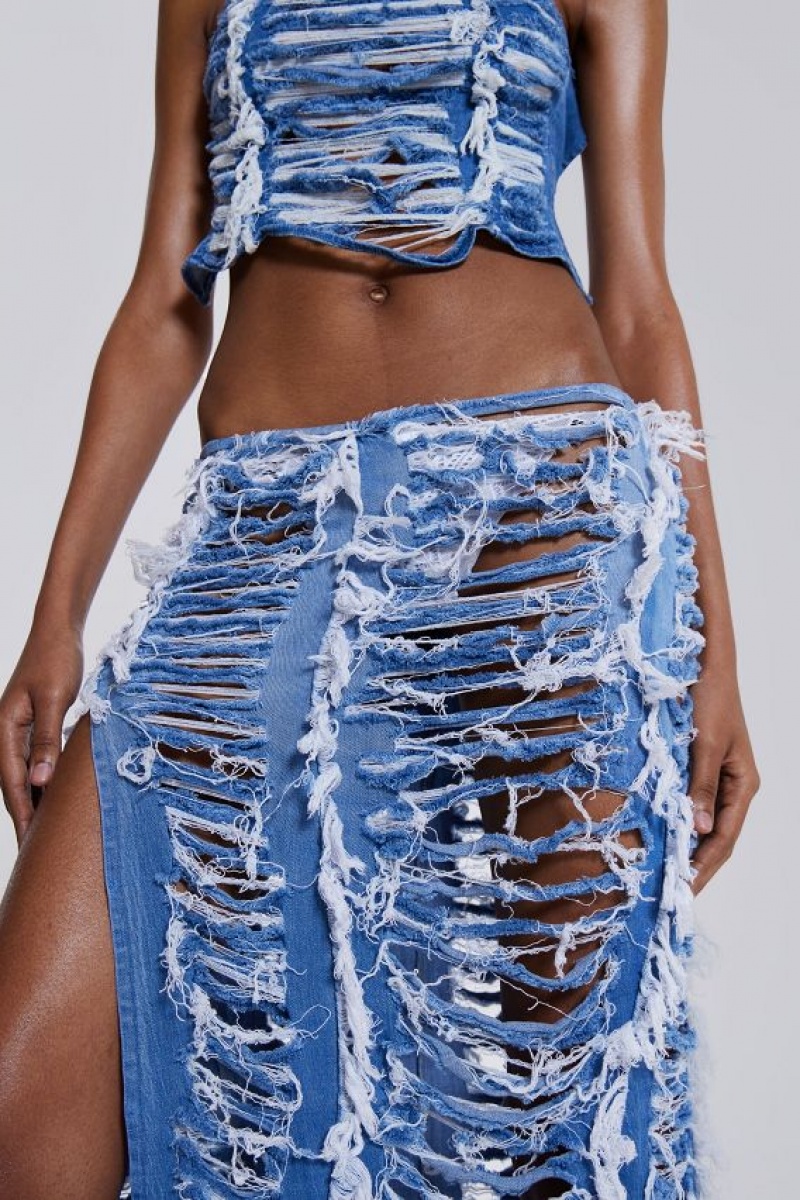 Jadedlondon Shredded Denim Maxi Skirt | JADLDN24208