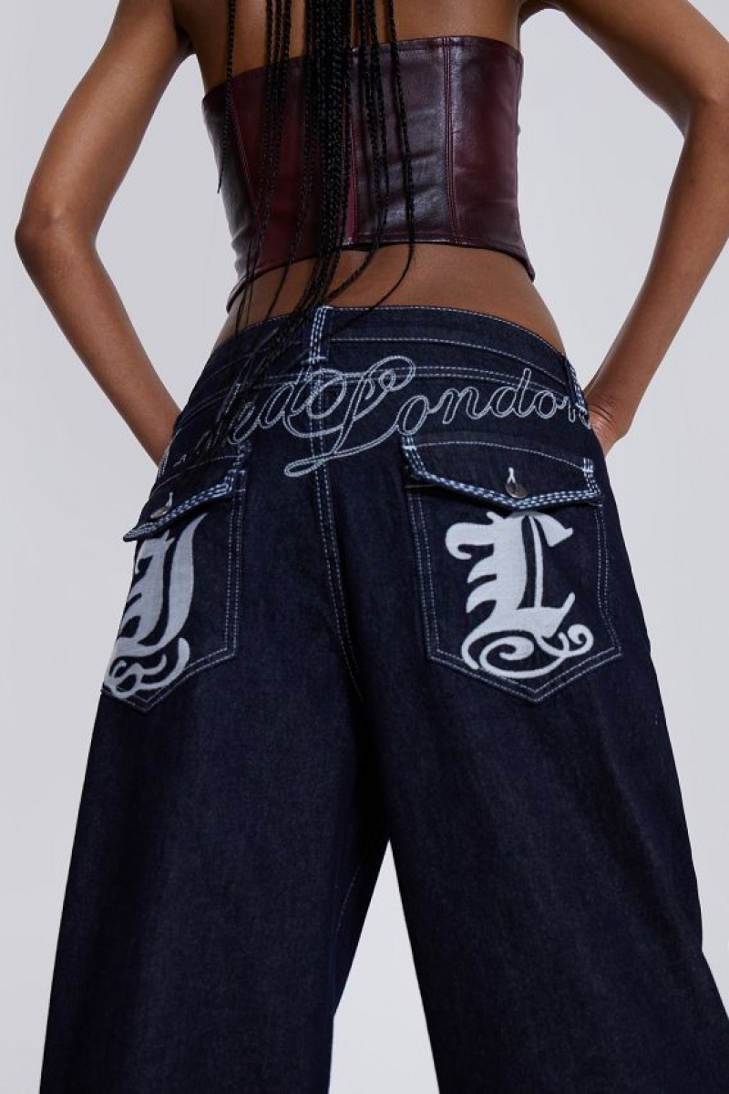 Jadedlondon Sonic Embroidered Baggy Jeans In Indigo | JADLDN24418