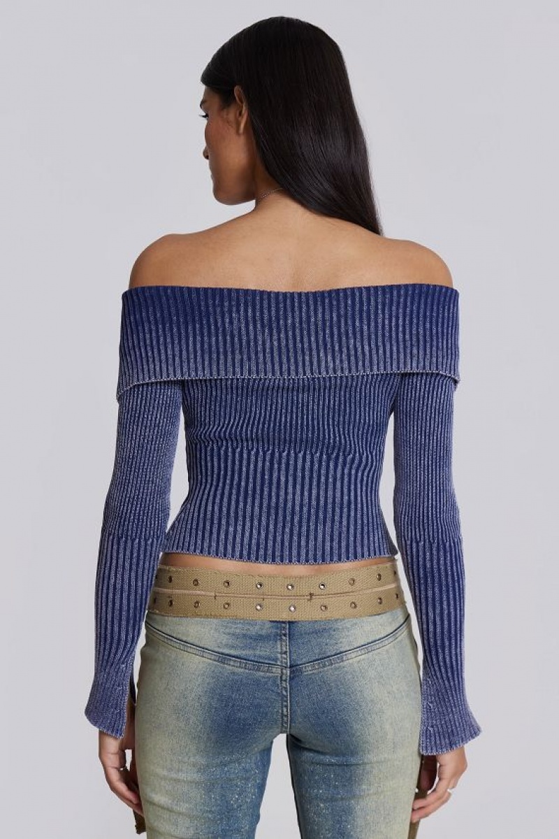 Jadedlondon Tribeca Blue Ribbed Off The Shoulder Knit | JADLDN23968