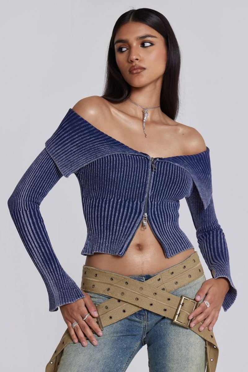 Jadedlondon Tribeca Blue Ribbed Off The Shoulder Knit | JADLDN24051