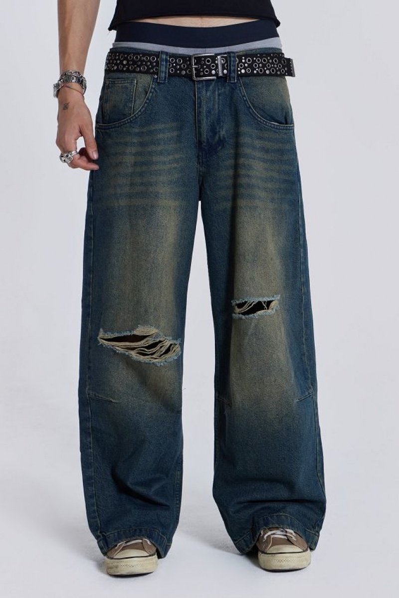 Jadedlondon Washed Blue Busted Colossus Jeans | JADLDN24504